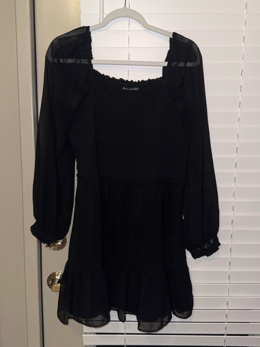 Black Long-Sleeve Smocked Mini Dress